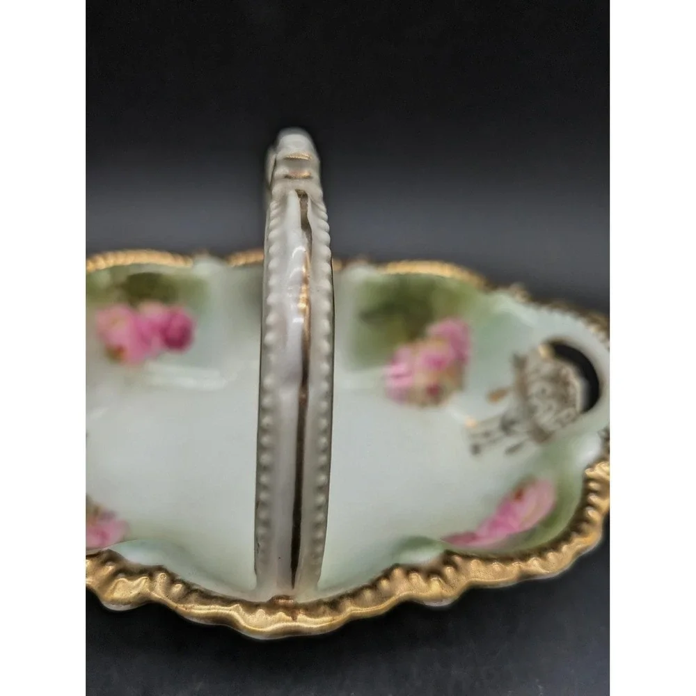 Antique Schwarzburg German Porcelain Rose Basket Divided‎ Candy Dish Gold Gilt